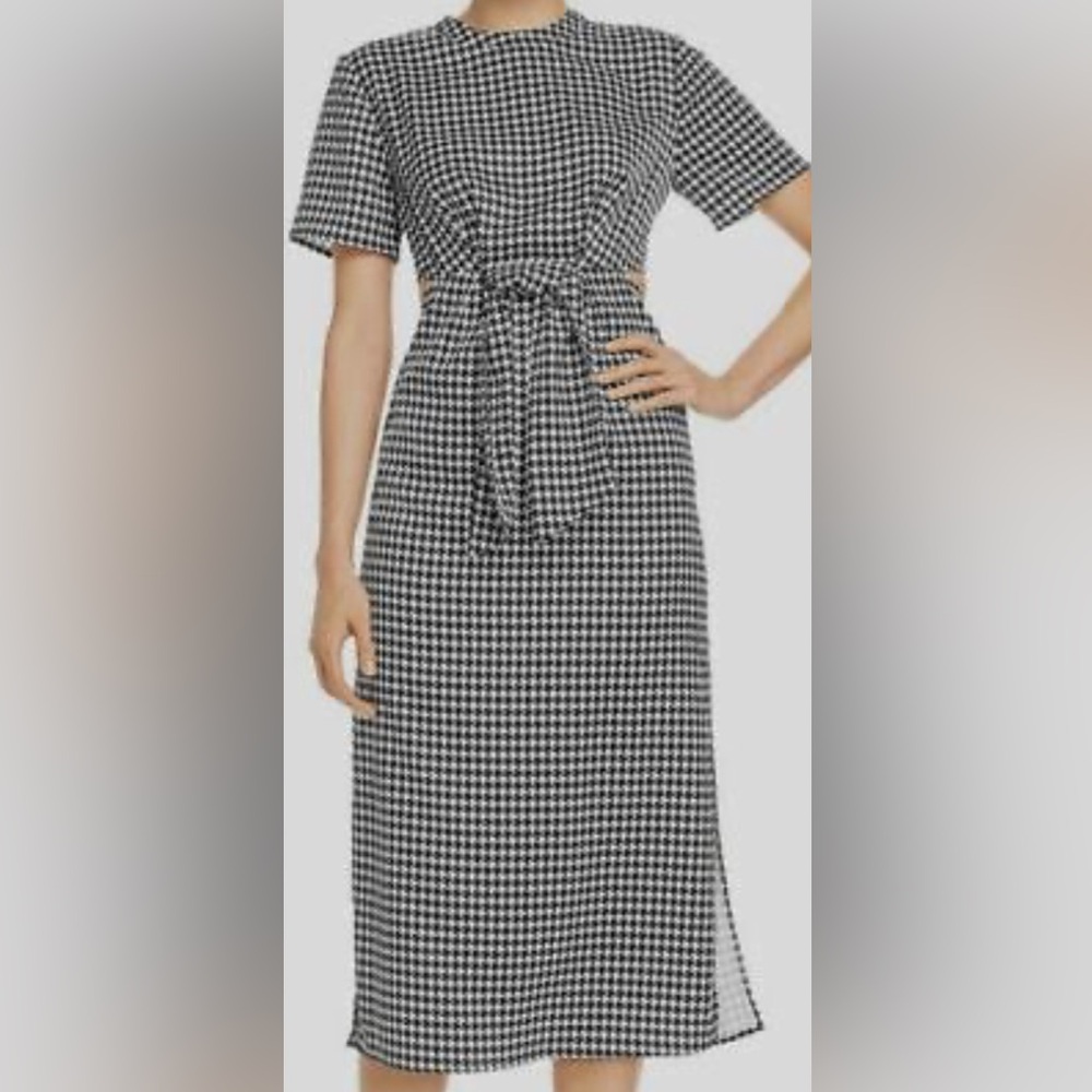 Elegant Black and White Houndstooth dress with tie detail